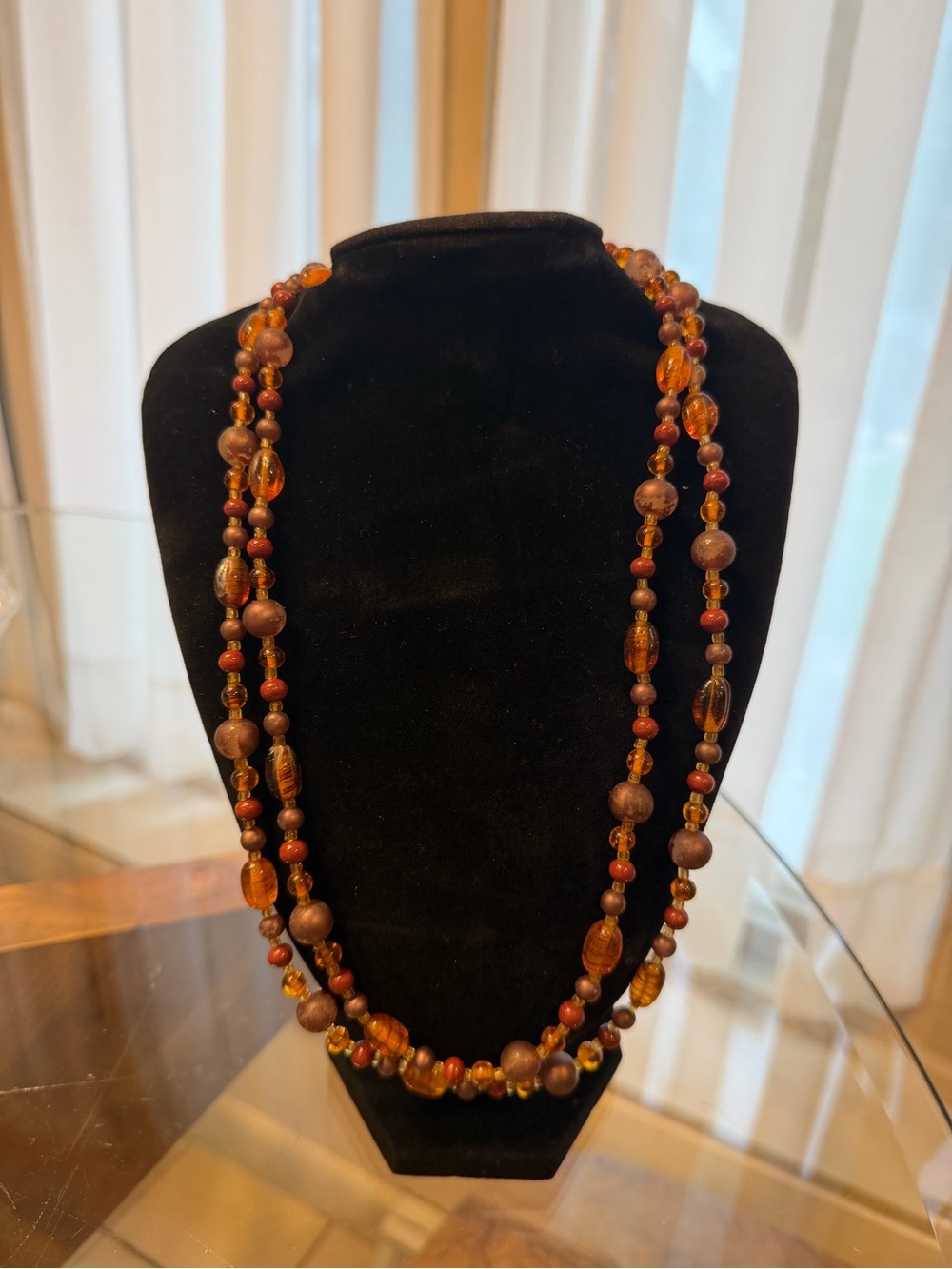 Amber-Tone Glass Beaded Long Necklace - Women Jewelry